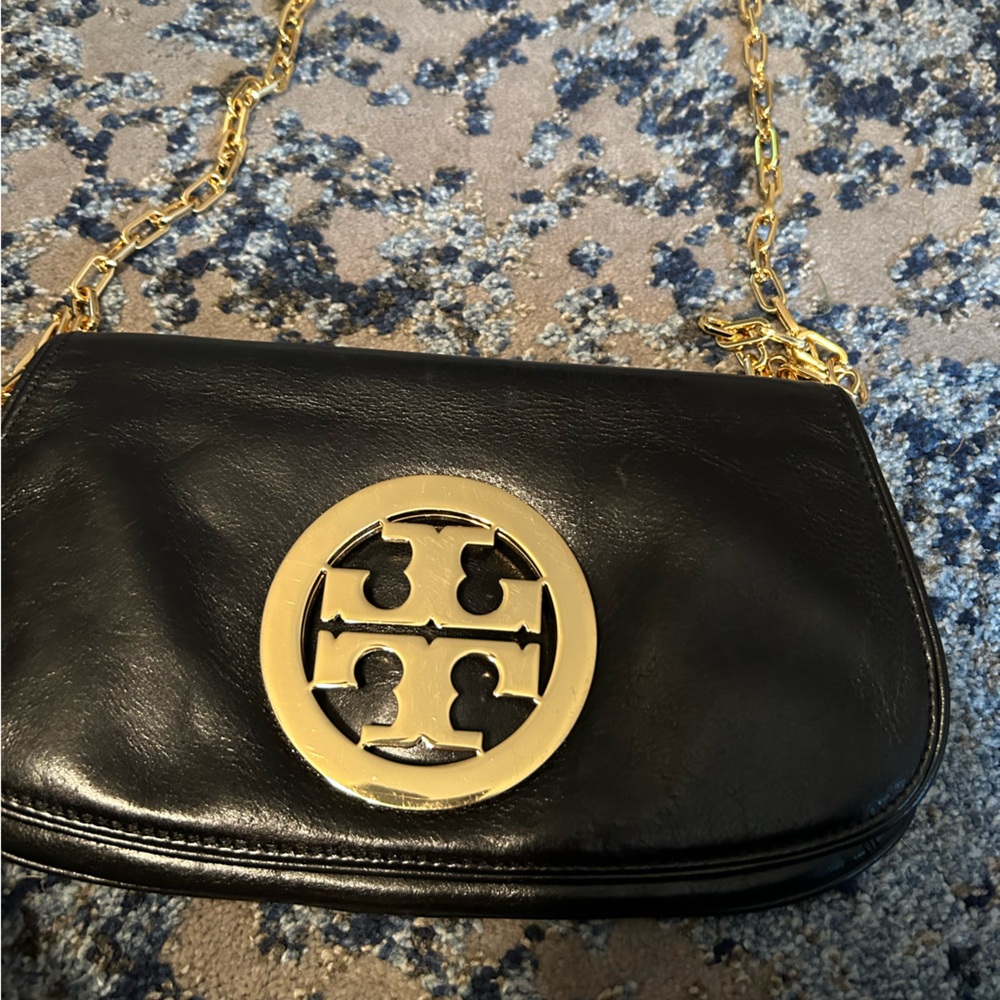 Tory Burch Gold Logo black clutch